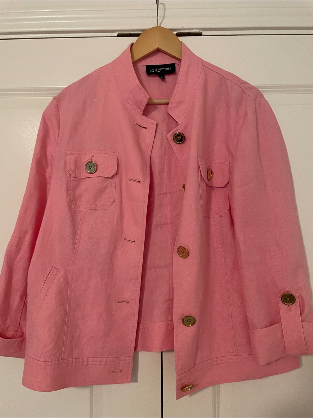 Jones New York Signature Pink Collarless Linen Blend Jacket L Gold Butyons